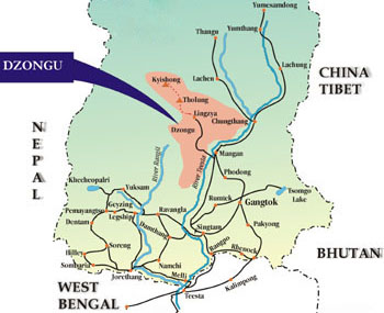 Map of Sikkim showing Dzongu